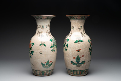 A pair of Chinese Nanking famille verte crackle-glazed vases, a famille rose vase and a celadon-ground blue and white vase, Chenghua mark, 19th C.