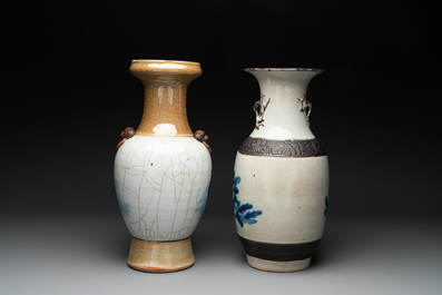 Seven various Chinese Nanking blue and white, famille rose and verte crackle-glazed vases, 19th C.