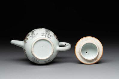 A fine Chinese famille rose and grisaille teapot with figural design, Yongzheng