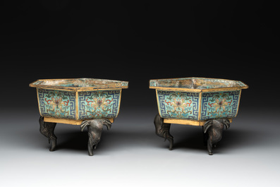 A pair of Chinese cloisonn&eacute; 'lotus and elephant' jardini&egrave;res, 18/19th C.