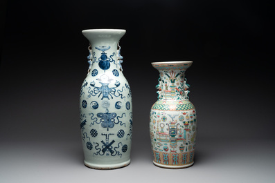 A pair of Chinese Nanking famille verte crackle-glazed vases, a famille rose vase and a celadon-ground blue and white vase, Chenghua mark, 19th C.