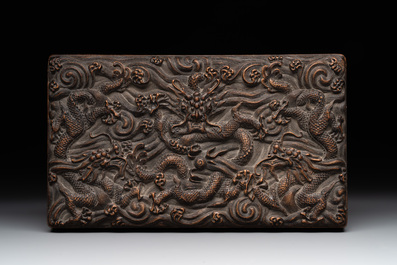 A Chinese rectangular silver-inlaid zitan 'dragon' box and cover, 17/18th C.