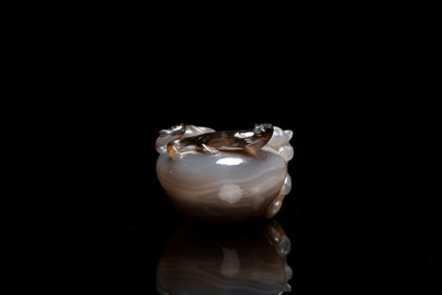 A Chinese agate 'chilong' brush washer and a water pot with Buddhist lions, 19th C.
