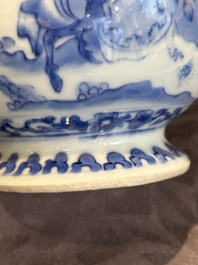 A Chinese silver-mounted blue and white 'Mongolian hunt' ewer, Transitional period