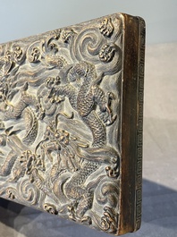 A Chinese rectangular silver-inlaid zitan 'dragon' box and cover, 17/18th C.