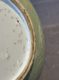 A Chinese incised celadon-glazed bowl with chilong and floral design, Kangxi