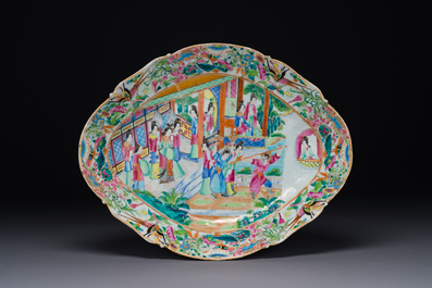 Two Chinese Canton famille rose dishes and a tazza with narrative design, 19th C.