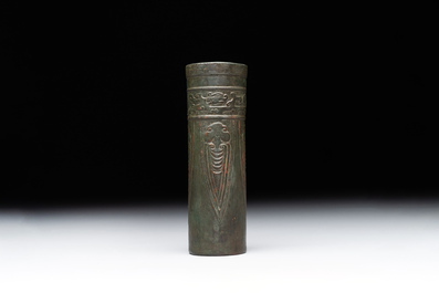 A Chinese bronze cylindrical 'cicada' flower arranging vase, Xuande mark, Ming