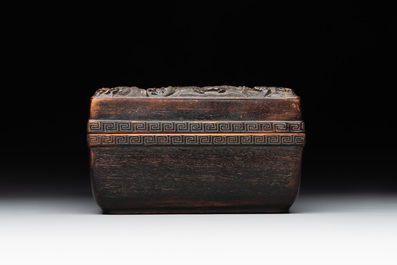 A Chinese rectangular silver-inlaid zitan 'dragon' box and cover, 17/18th C.