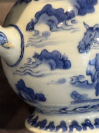A Chinese silver-mounted blue and white 'Mongolian hunt' ewer, Transitional period
