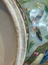 A pair of Chinese Canton famille rose celadon-ground 'court scene' vases, 19th C.