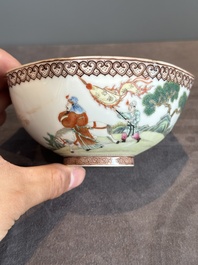 A Chinese famille rose octagonal eggshell bowl with figural design, Qianlong mark, 20th C.