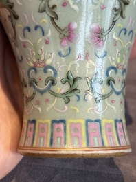 A Chinese celadon-ground famille rose 'meiping' 'flower scroll' vase, Qianlong mark and of the period