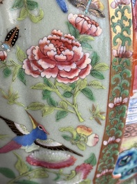 A pair of Chinese Canton famille rose celadon-ground 'court scene' vases, 19th C.