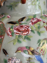 A pair of Chinese Canton famille rose celadon-ground 'court scene' vases, 19th C.