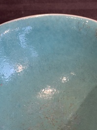 A Chinese sancai 'dragon' vase and a blue- and turquoise-glazed 'shou' bowl and cover, 19/20th C.