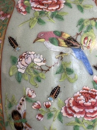 A pair of Chinese Canton famille rose celadon-ground 'court scene' vases, 19th C.