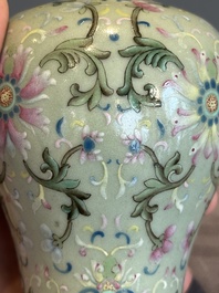 A Chinese celadon-ground famille rose 'meiping' 'flower scroll' vase, Qianlong mark and of the period