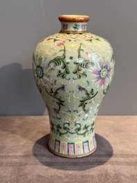 A Chinese celadon-ground famille rose 'meiping' 'flower scroll' vase, Qianlong mark and of the period