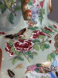A pair of Chinese Canton famille rose celadon-ground 'court scene' vases, 19th C.