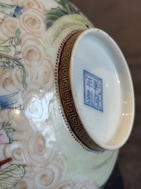 A Chinese famille rose octagonal eggshell bowl with figural design, Qianlong mark, 20th C.