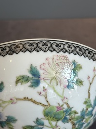 A Chinese famille rose eggshell 'peonies' bowl, Qianlong mark, 20th C.