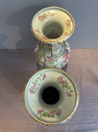 A pair of Chinese Canton famille rose celadon-ground 'court scene' vases, 19th C.