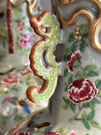 A pair of Chinese Canton famille rose celadon-ground 'court scene' vases, 19th C.