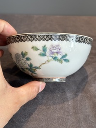 A Chinese famille rose eggshell 'peonies' bowl, Qianlong mark, 20th C.