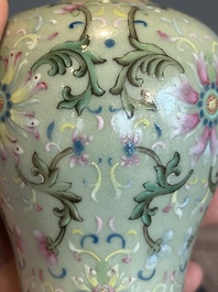 A Chinese celadon-ground famille rose 'meiping' 'flower scroll' vase, Qianlong mark and of the period