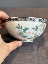 A Chinese famille rose eggshell 'peonies' bowl, Qianlong mark, 20th C.