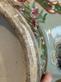 A pair of Chinese Canton famille rose celadon-ground 'court scene' vases, 19th C.