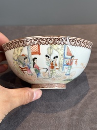 A Chinese famille rose octagonal eggshell bowl with figural design, Qianlong mark, 20th C.