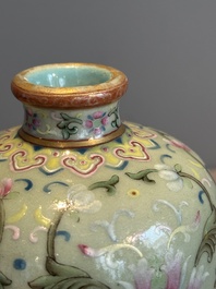 A Chinese celadon-ground famille rose 'meiping' 'flower scroll' vase, Qianlong mark and of the period
