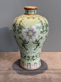 A Chinese celadon-ground famille rose 'meiping' 'flower scroll' vase, Qianlong mark and of the period