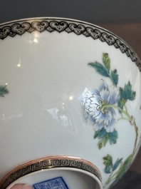 A Chinese famille rose eggshell 'peonies' bowl, Qianlong mark, 20th C.
