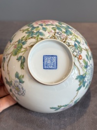 A Chinese famille rose eggshell 'peonies' bowl, Qianlong mark, 20th C.