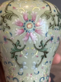 A Chinese celadon-ground famille rose 'meiping' 'flower scroll' vase, Qianlong mark and of the period