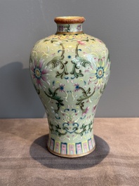 A Chinese celadon-ground famille rose 'meiping' 'flower scroll' vase, Qianlong mark and of the period