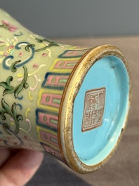 A Chinese celadon-ground famille rose 'meiping' 'flower scroll' vase, Qianlong mark and of the period