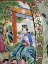 A pair of Chinese Canton famille rose celadon-ground 'court scene' vases, 19th C.
