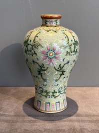 A Chinese celadon-ground famille rose 'meiping' 'flower scroll' vase, Qianlong mark and of the period