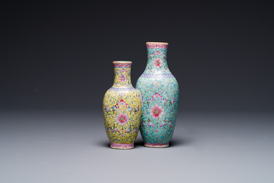 A Chinese famille rose conjoined vase with lotus scrolls, Qianlong mark, 19th C.