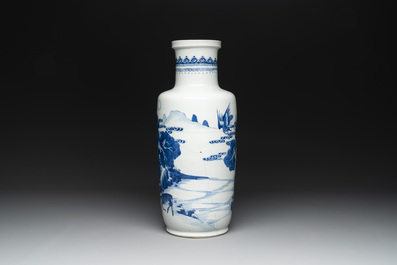 A Chinese blue and white 'deer and crane' rouleau vase, Kangxi