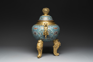 An impressive Chinese cloisonn&eacute; 'dragon' censer and cover on wooden stand, Qianlong mark and of the period