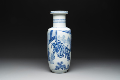 A Chinese blue and white rouleau vase with narrative design, Kangxi