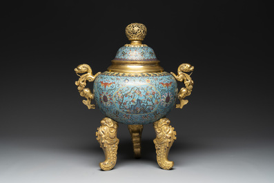 An impressive Chinese cloisonn&eacute; 'dragon' censer and cover on wooden stand, Qianlong mark and of the period