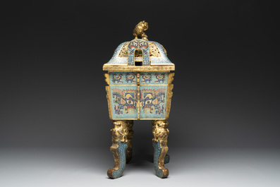 An exceptional Chinese cloisonn&eacute; &lsquo;Taotie&rsquo; censer and cover, 'fang ding 方鼎', Qianlong