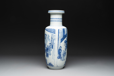 A Chinese blue and white rouleau vase with narrative design, Kangxi