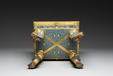 An exceptional Chinese cloisonn&eacute; &lsquo;Taotie&rsquo; censer and cover, 'fang ding 方鼎', Qianlong